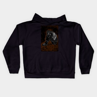 Girl sitting on the floor, near the wall, clasping hands around knees. Weird, dark, beautiful. Kids Hoodie